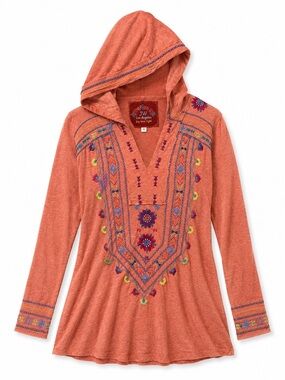 JW LA Johnny Was Embroidered Hoodie XS Terracotta Boho Folk Art Festival Top